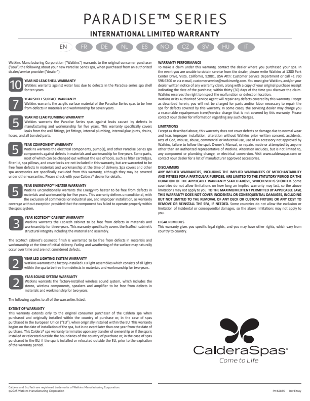 PDF Document -  Caldera Paradise Series Warranty 